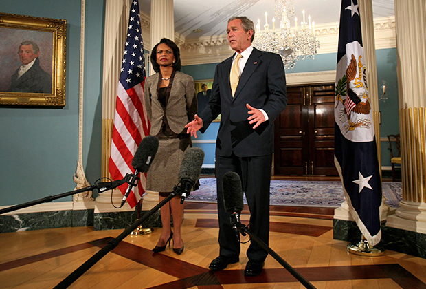 Кондолиза Райс и Джордж Буш в Вашингтоне, 2008 год