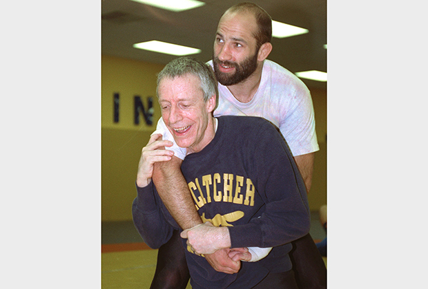 John E. du Pont, left, and Olympic wrestler Dave Schultz are shown in this undated photo at the Foxcatcher National Training Center in Newtown Square, Penn. Police said Du Pont shot the 1984  Olympic gold medal wrestler to death Friday, Jan. 26, 1996 then holed up inside his mansion as police converged on his estate. (AP Photo/Bill Fitz-Patrick)