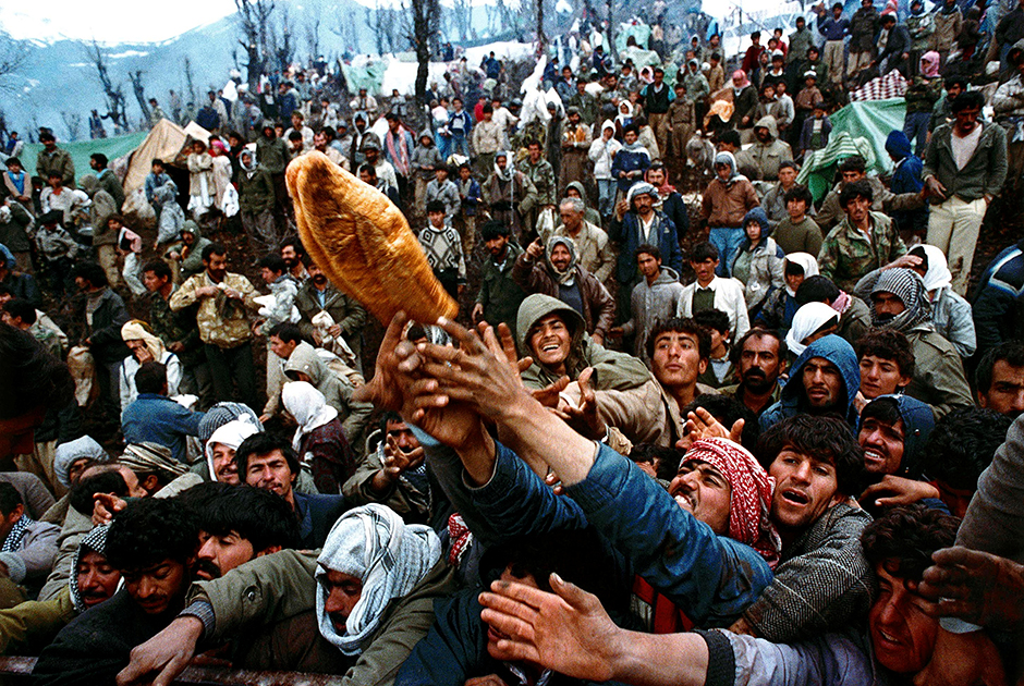 Отчаявшиеся курдские беженцы борются за буханку хлеба во время распределения гуманитарной помощи на иракско-турецкой границе. Хроника от 5 апреля 1991 года.