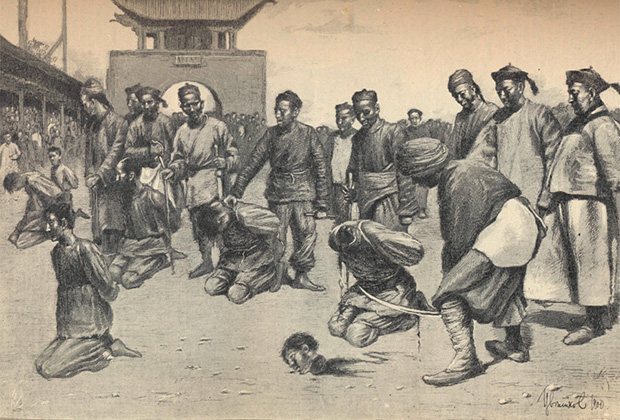 Публичная казнь иностранцев в Китае в 1900 году. Иллюстрация в российской прессе