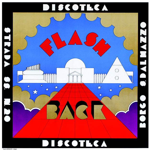 Также на выставке «Ночная лихорадка» представлены постеры и рекламные плакаты с анонсами различных мероприятий. Эта иллюстрация — плакат для итальянского клуба Flash Back с рекламой вечеринки, состоявшейся в 1972 году.  
