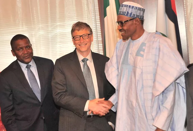 Алико Данготе, основатель Microsoft Билл Гейтс и президент Нигерии Мохаммаду Бухари