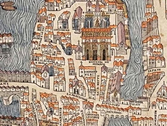 Нотр-Дам де Пари на карте Парижа 1550 года. В Средние века и раннее Новое время площадь перед собором была плотно застроена, и в нынешнем виде появилась только в XIX веке. 
