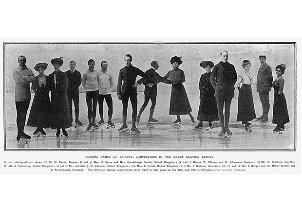 Участники соревнований по фигурному катанию в рамках летних Олимпийских игр 1908 года в Лондоне, собранные вместе с помощью фотомонтажа.
