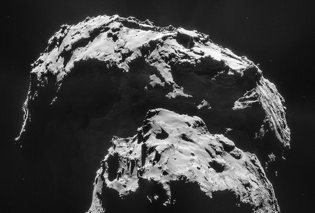 Comet 67P/Churyumov-Gerasimenko is seen here in an image captured by the Rosetta spacecraft. The mission's Philae lander hit the surface with a big bounce, demonstrating the comet's surface is hard. Image credit: ESA/Rosetta/NAVCAM