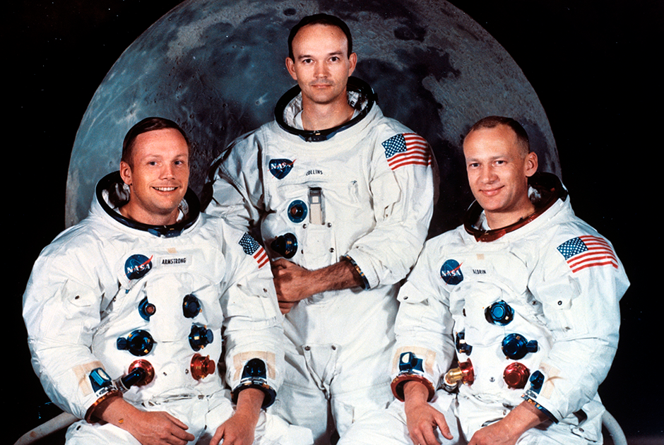 Основной экипаж Apollo 11 — Армстронг, Коллинз и Олдрин (слева направо),1968 год.
