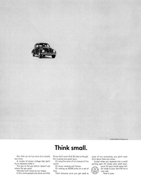 Росту популярности «Жуков» во многом способствовала удачная рекламная кампания. В 1959 году нью-йоркское рекламное агентство Doyle Dane Bernbach придумало для Volkswagen плакат «Think Small» («Подумай о малом»). На плакате на белой плоскости был изображен компактный «Жук», который противопоставлялся любви американцев к огромным автомобилям. 

«Может быть, мы достигли всего, что имеем, потому что думали о малом», — говорилось в рекламе. Спустя 40 лет журнал Ad Age назвал это лучшей рекламной кампанией XX века. И не зря — в 60-е годы немецкий автомобиль стал самой продаваемой машиной иностранного производства в США, а успех «Жука» за пределами Германии превратил его в символ послевоенного экономического возрождения страны и растущего процветания среднего класса. 
