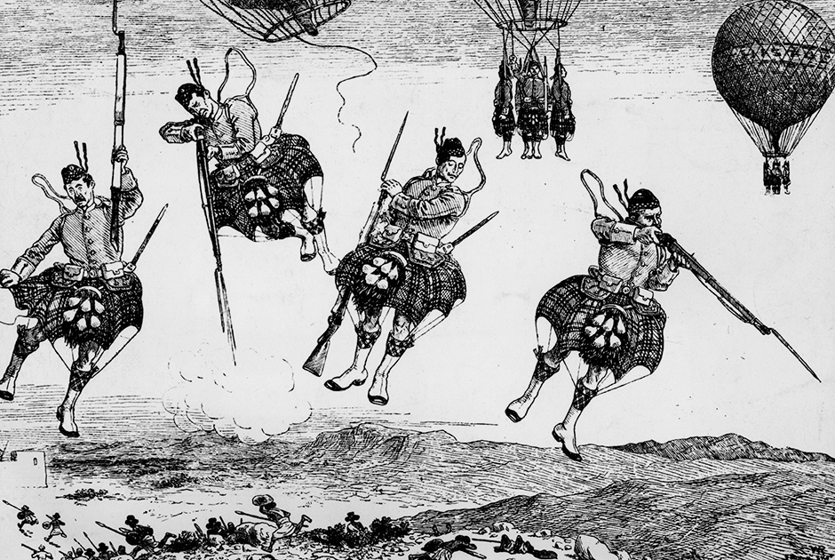 Карикатура, изображающая шотландских горцев, использующих килты как парашюты (около 1800 года)