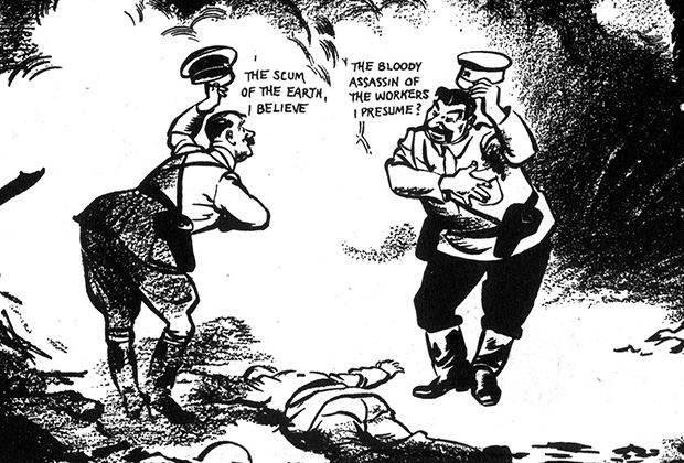 Карикатура в британской газете, изображающая встречу Гитлера и Сталина над телом поверженной Польши.

Вольный перевод с английского:
«"Унтерменш, надеюсь?"
— "Кровавый палач рабочего класса, полагаю?"»