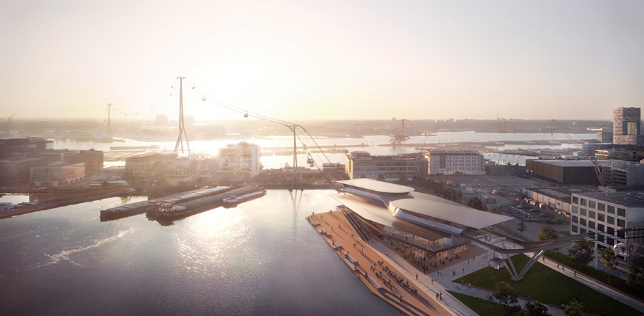 Канатную дорогу IJbaan по проекту UNStudio строят в Амстердаме к 750-летию города: движение по ней будет открыто в 2025 году. Проект масштабный: дорога свяжет районы Амстердам-Вест и Амстердам-Норд, и после ее запуска добраться из одной точки в другую можно будет за несколько минут. 