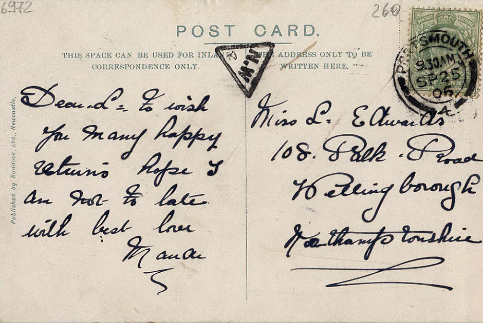 Оборотная сторона английского открытого письма 25 сентября 1906 года