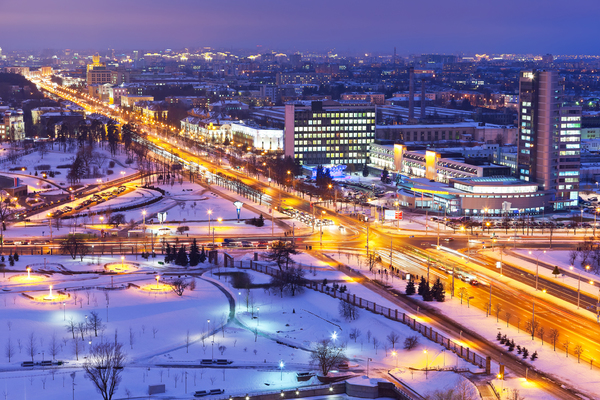 Ночная зимняя панорама Минска, Беларусь