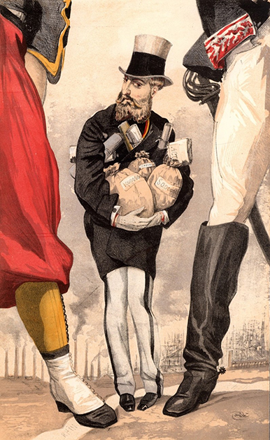 Карикатура «Конституционный монарх» Жак-Жозефа Тиссо, вышедшая в Vanity Fair 9 сентября 1869 года. Леопольд держит в руках индустриальные богатства Бельгии, зажатый между Францией и Германией