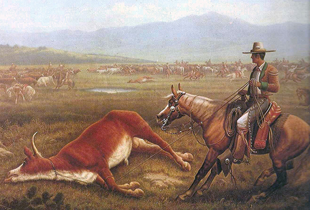 У конных пастухов-вакеро ковбои переняли шляпы, кожаные чехлы чапас на штанах и характерные жилетки. «Вакеро за работой», Верхняя Калифорния, Мексика, 1830-е годы