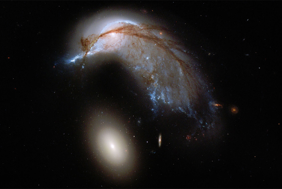 На этом снимке «Хаббла» 2013 года изображены две взаимодействующие галактики. NGC 2936 в верхней части, некогда стандартная спиральная галактика, и NGC 2937 в нижней части, меньшая эллиптическая галактика. Пара, известная как Arp 142, имеет сходство с пингвином, охраняющим свое яйцо. Гравитационный хаос, вызванный тесным взаимодействием, скручивает NGC 2936 и постепенно разрывает его на части.
