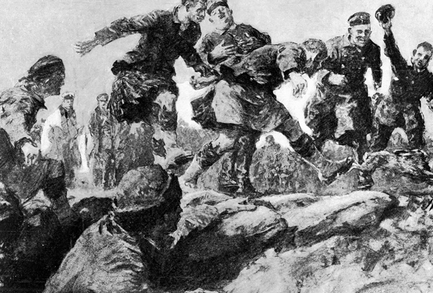 Эту картину художник Гилберт Холидей написал, основываясь на рассказах одного из солдат, видевшего Рождественское перемирие