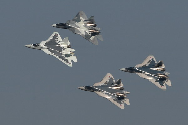 Российские истребители Су-57 на авиасалоне МАКС-2019