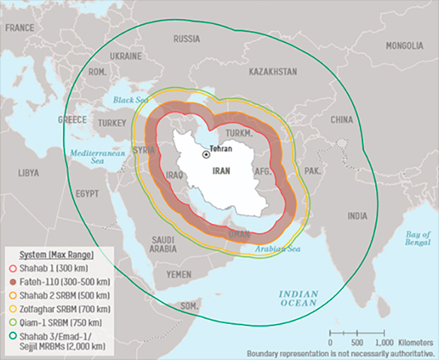 Попадающие под действие иранских ракет регионы