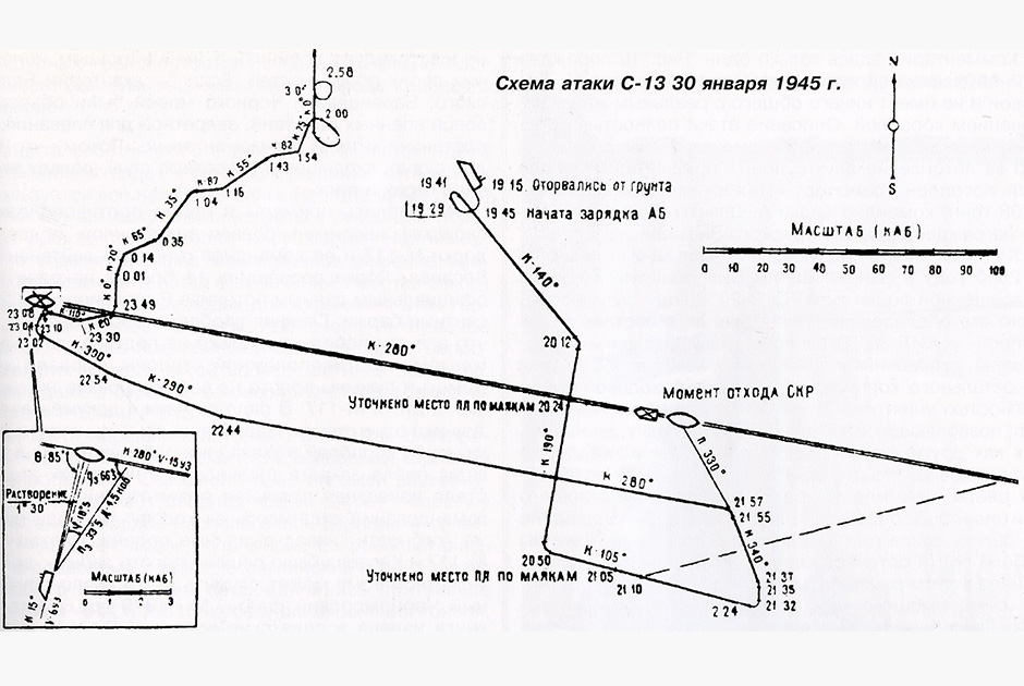 Схема атаки С-13 на «Вильгельм Густлофф»