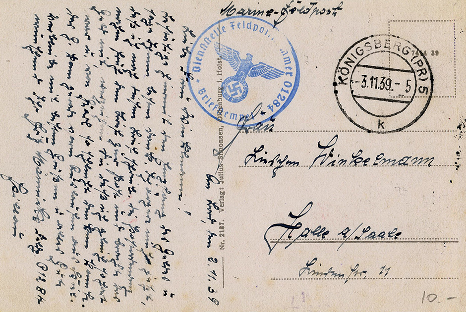 Оборотная сторона немецкой открытки с изображением броненосца «Шлезвиг-Гольштейн» 