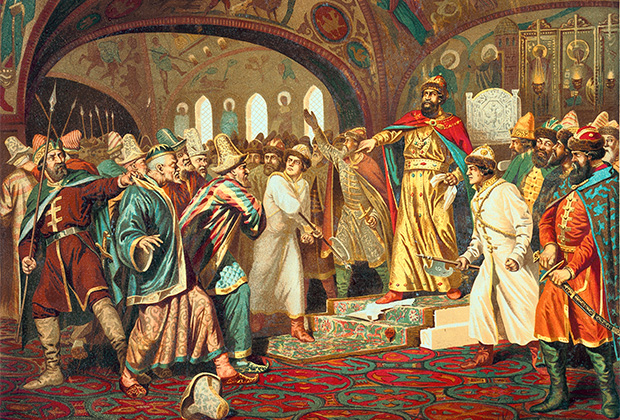 Алексей Кившенко «Иоанн III разрывает ханскую грамоту и топчет басму перед татарскими послами»