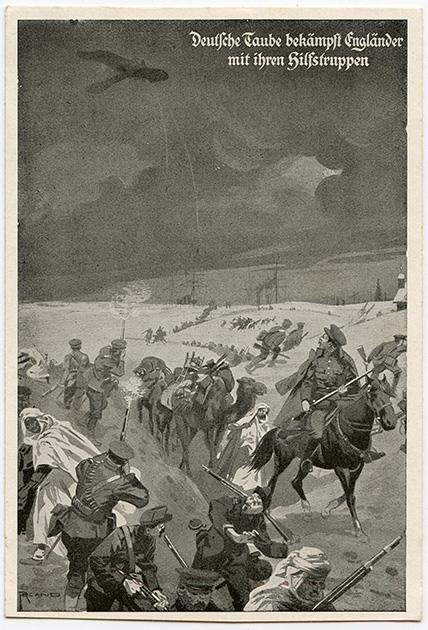 Французские солдаты бегут в панике от германского аэроплана.  Немецкая пропагандистская открытка 1915 года 
