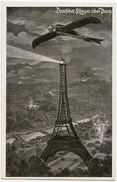 Германский аэроплан бомбит Париж. Немецкая пропагандистская открытка 1915 года