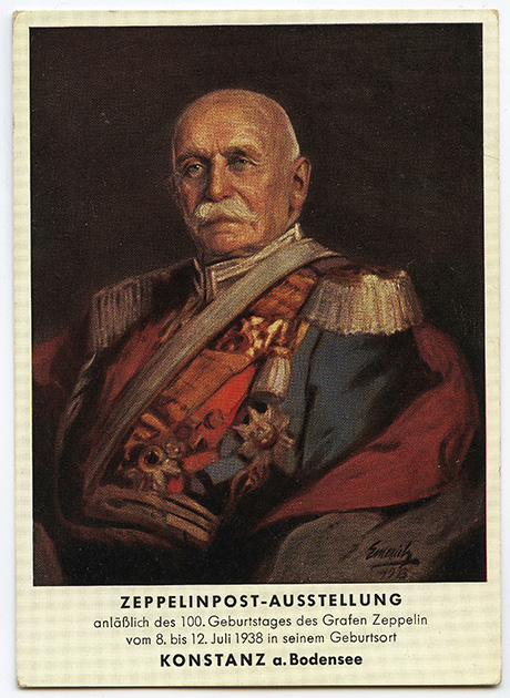 Немецкая открытка 1938 года, выпущенная в честь 100-летия со дня рождения Фердинанда фон Цеппелина (1838-1917), который с большим пафосом отмечался в Германии 