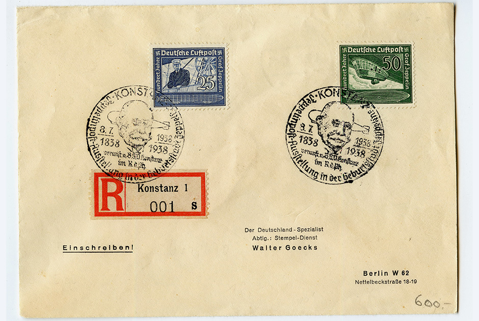  Конверт с серией из двух марок (N669, N670), выпущенных к 100-летию со дня рождения Фердинанда фон Цеппелина (1838-1917). Спецгашение 8 июля 1938 года произведено в городе Констанц на родине графа. Любопытен купон 001. Письмо было отправлено в Берлин