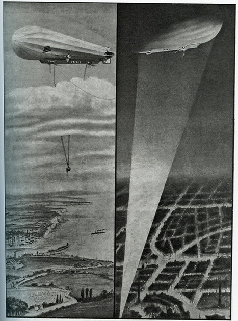 Германские цеппелины над Антверпеном. Слева видна спускаемая гондола с наблюдателем и бомбометателем 