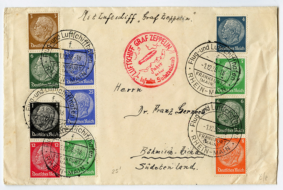 Конверт письма, отправленного на дирижабле Graf Zeppelin (LZ-127) 1 декабря 1938 года из Франкфурта (Майн) в Судетскую область 