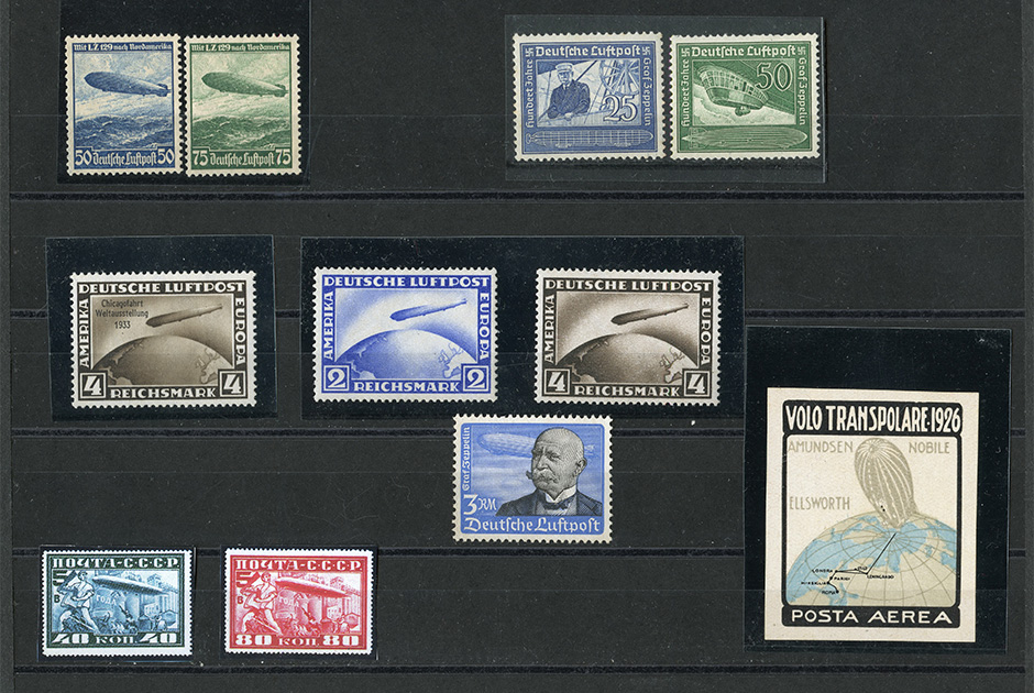 Почтовые марки Германии, СССР и Италии (1926-1938 годов), посвященные дирижаблям. На марках Германии граф Фердинанд фон Цеппелин