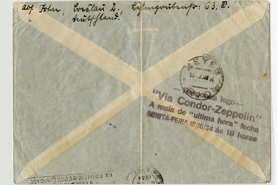 Оборотная сторона конверта с гашением компании Condor-Zeppelin, осуществлявшей перевозки грузов и пассажиров в Южную Америку. Почтовое гашение по прибытии 18 октября 1934 года