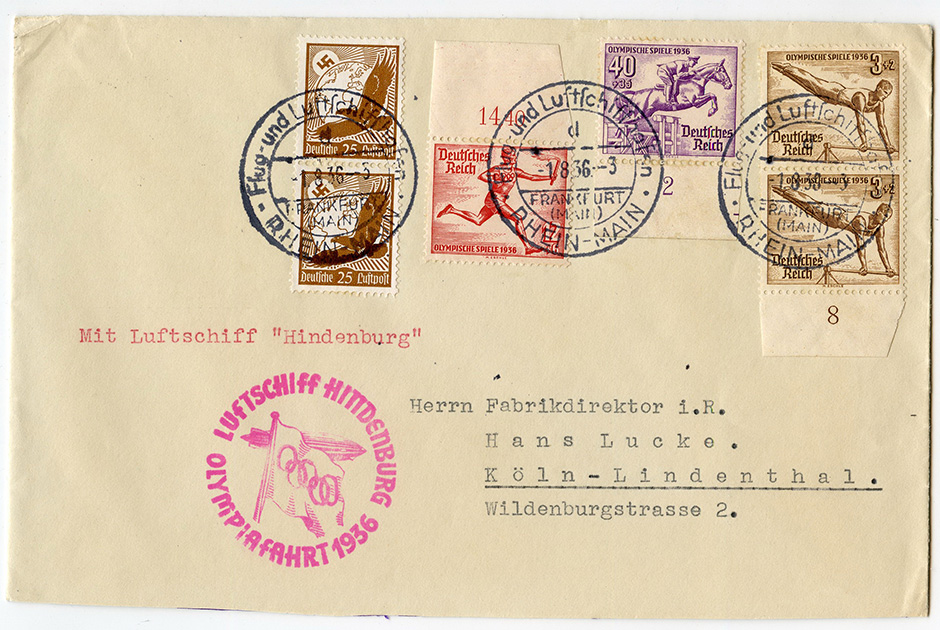 Конверт письма со специальным олимпийским гашением дирижабля Hindenburg (LZ-129). «Гинденбурга» принимал участие в открытии Олимпийских игр в Берлине 1 августа 1936 года. Именно этим днем и погашены олимпийские марки