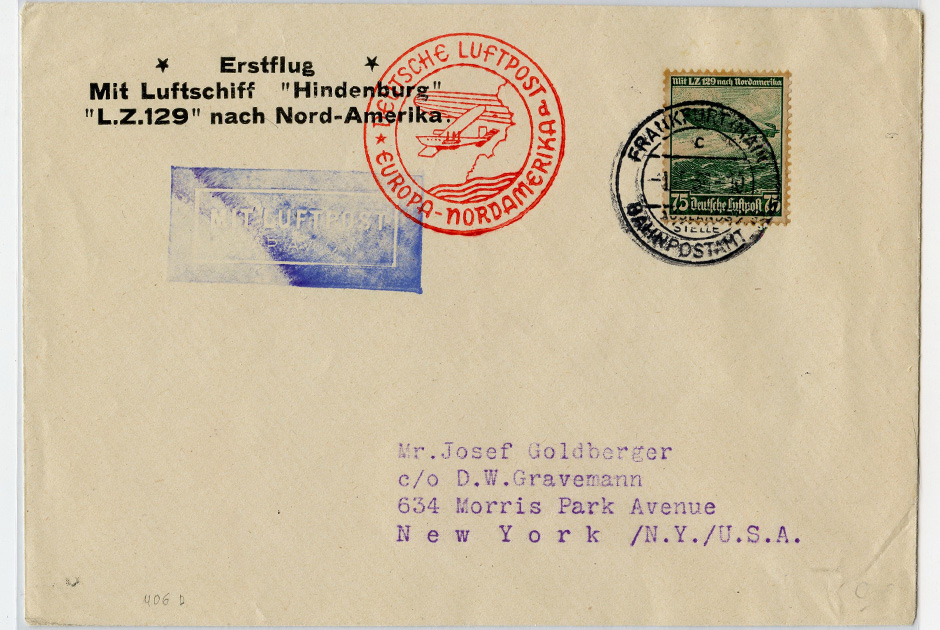 Конверт письма, отправленного на дирижабле Hindenburg (LZ-129) из Франкфурта в США в мае 1936 года