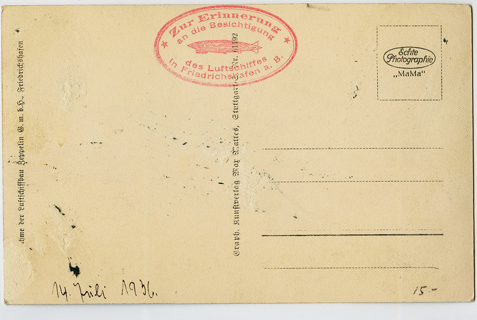 Оборотная сторона немецкой открытки 1936 года со специальным цеппелинным гашением