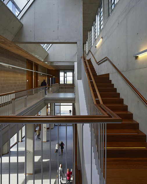Четырехэтажное здание Медицинской школы вмещает двухуровневый атриум и широкую открытую лестницу. Благодаря таким масштабам видно, что происходит как наверху, так и внизу.