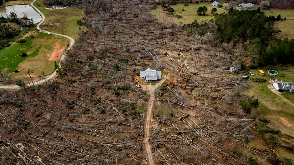 Снимок Мэтта Гиллеспи (Matt Gillespie) представлен в номинации «Американский опыт». На фотографии — дом в штате Джорджия, по которому прошел торнадо. Большинство деревьев вокруг повалено стихией, однако здание уцелело, получив минимальные повреждения. 