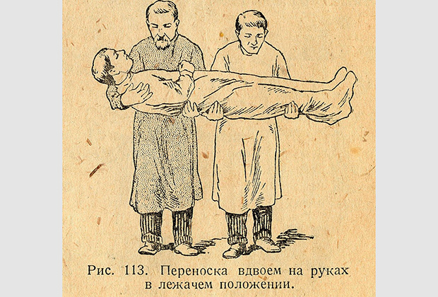 Переноска больного товарища вдвоем на руках в лежачем положении. Из руководства по санпросвету. Биомедгиз, 1936 год