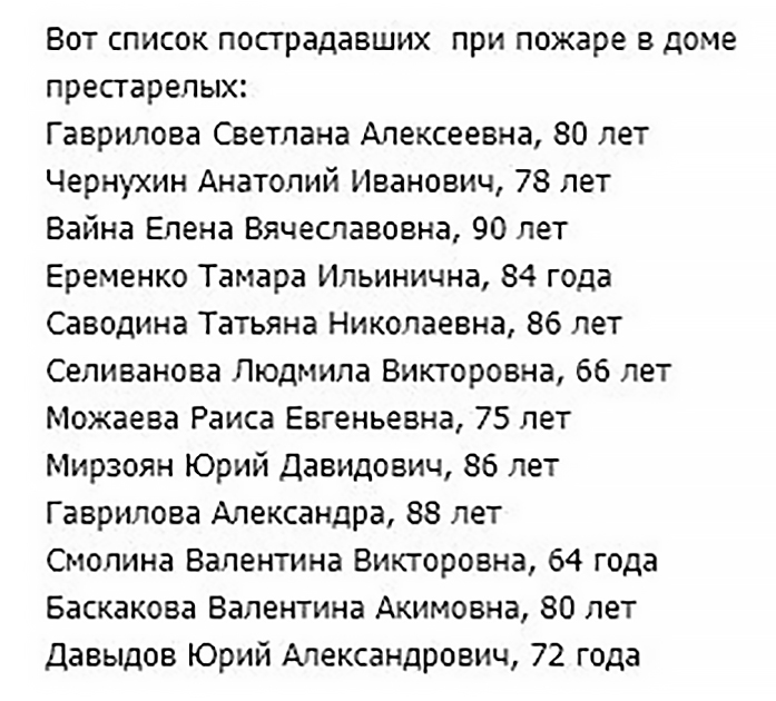 Минздрав список раненых. Список погибших при пожаре в гостинице Россия. Обязанности людей при пожаре в доме престарелых.