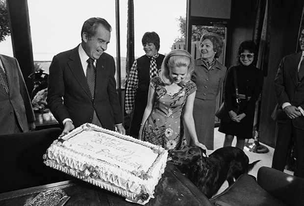 Пес Никсона по кличке Король Тимахо облизывает подаренный ему на день рождения торт, 1974 год