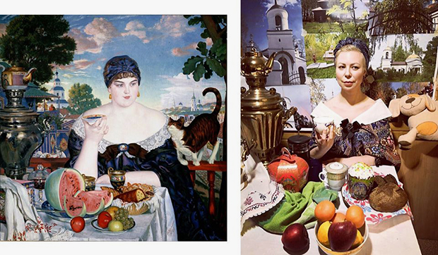 Картина Бориса Кустодиева «Купчиха за чаем» (1918) и косплей Полины Лебедевой
