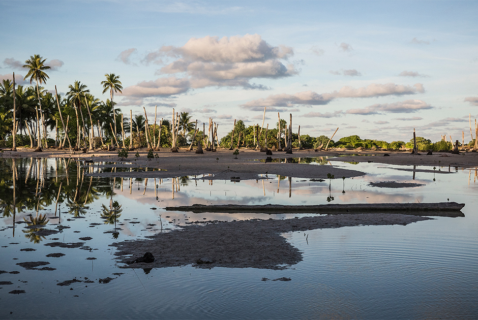 Мертвые кокосовые пальмы стоят на участках, почва которых становится все более эродированной и засоленной из-за регулярных затоплений во время высоких приливов. Абаианг — один из атоллов в Кирибати, наиболее пострадавших от подъема уровня моря. По словам властей, деревня Тебунгинако (Tebunginako) — это барометр, показывающий будущее всего Кирибати. С 1970 года большая часть деревни стала заброшенной.