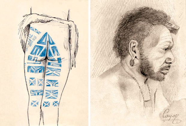 Слева — татуировка на теле папуаски, свидетельствовавшая о ее готовности к замужеству. Справа — папуас Саул с декоративным гребнем, служившим ему вилкой во время еды. 