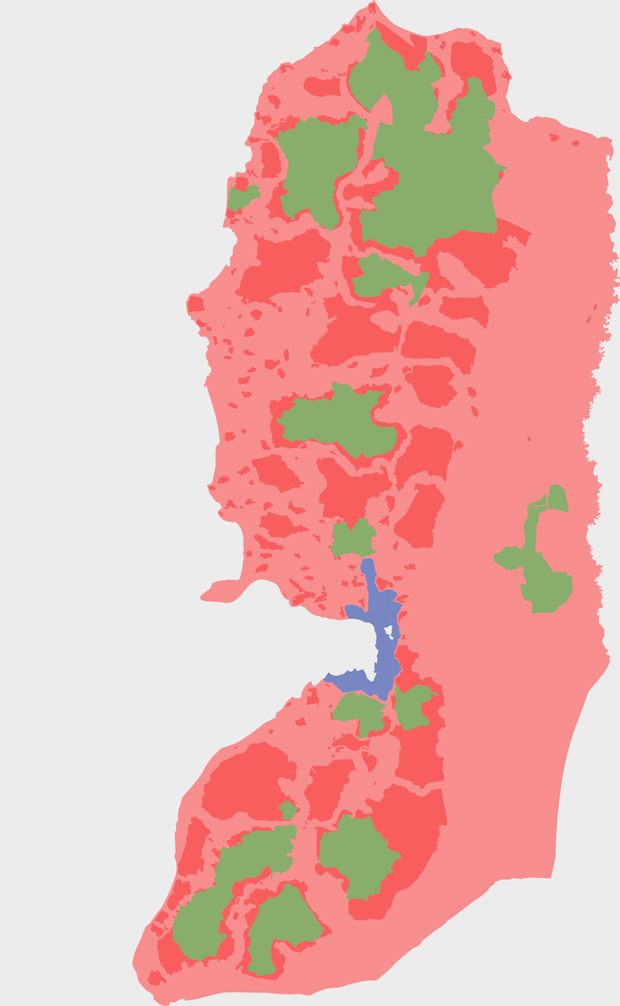 Статус территорий Западного берега реки Иордан после мирных соглашений 1993 года: розовый цвет — под израильским контролем, красный цвет — под израильско-палестинским контролем, зеленый — под палестинским, синий — аннексированные Израилем земли