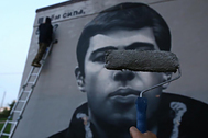 Граффити с изображением актера Сергея Бодрова стрит-арт команды HoodGraff Team