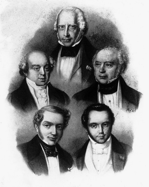 Амшель Майер Ротшильд и братья - Натан (вверху слева), Соломон (вверху справа), Джеймс (внизу слева), Карл (внизу справа)