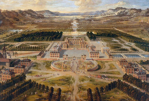 Вид с высоты птичьего полета на дворец и сады Версаля в XVII веке