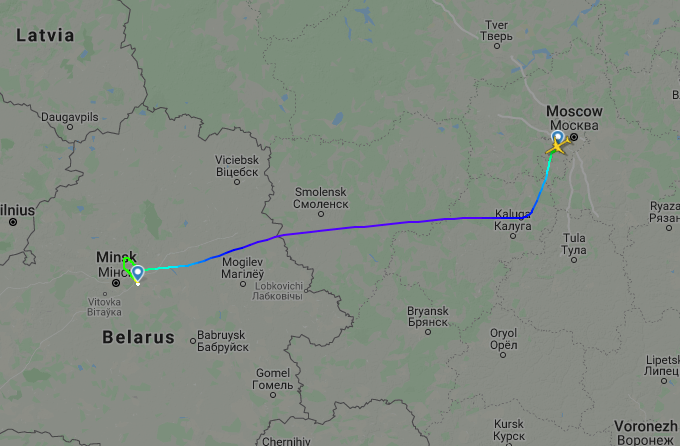 Карта полета Ту-214ВПУ из Москвы в Минск 18 августа 2020 года