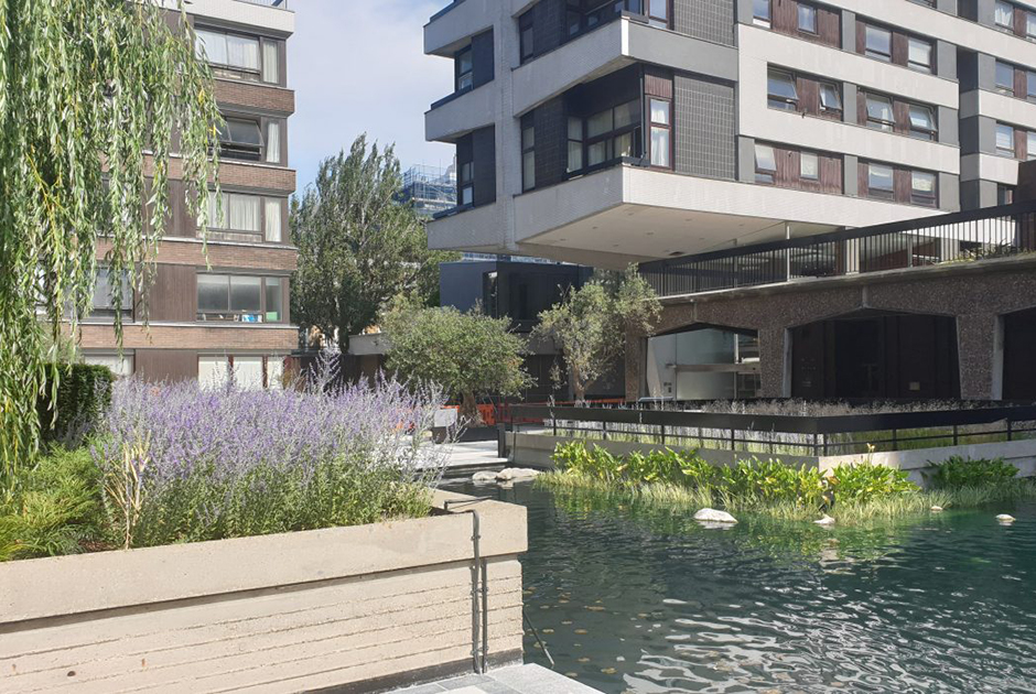 Проект The Water Gardens представляет собой водный сад, расположенный на подиуме посреди пруда в одном из лондонских двориков. Конструкция датируется 60-ми годами XX века, и несколько лет назад с ней начались проблемы. Местные жители пожаловались, что вода начала затапливать подземную парковку. Масштабную реконструкцию плавучего сада доверили команде Refolo Landscape Architects. Специалисты сделали инновационную систему регулирования уровня воды, отреставрировали наземные переходы в стиле брутализма (на фото не видно), посадили новые растения и запустили в пруд рыб. В результате горожане получили современное общественное пространство, не утратившее свой исторический вид. 
